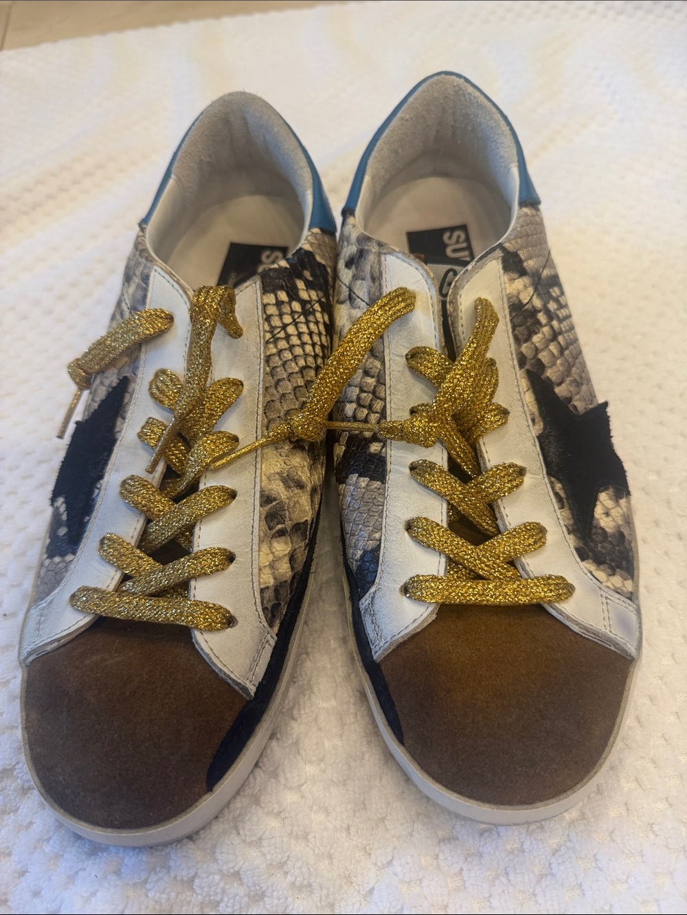 Golden Goose Snake-Print Sneakers with Gold Laces and Brown Suede Toe